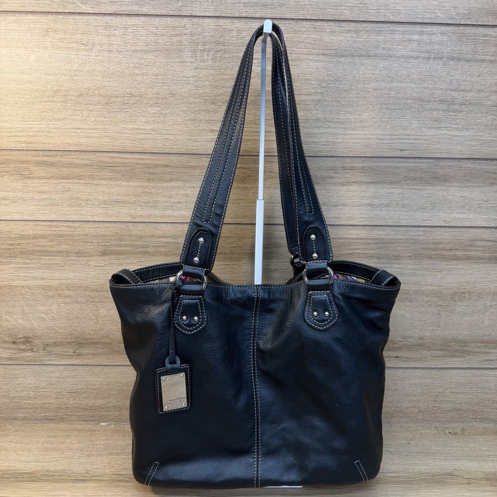 TIGNANELLO Black Pebbled Leather Shoulder Bag Large Tote Classic Double Handle